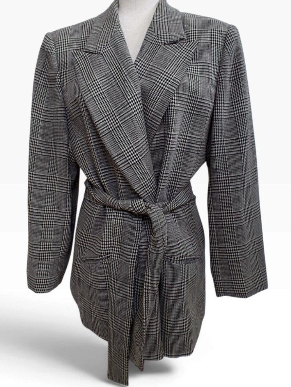 VTG Christian Dior Glen Plaid Belted Blazer Jacket Womens 14 USA Power Suit 80s